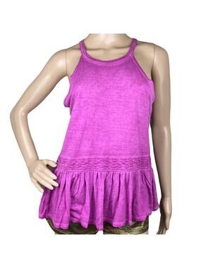 Alya Fuchsia Pink Ruffled Peplum Tank Top Crochet Trim High Scoop Neck Size M